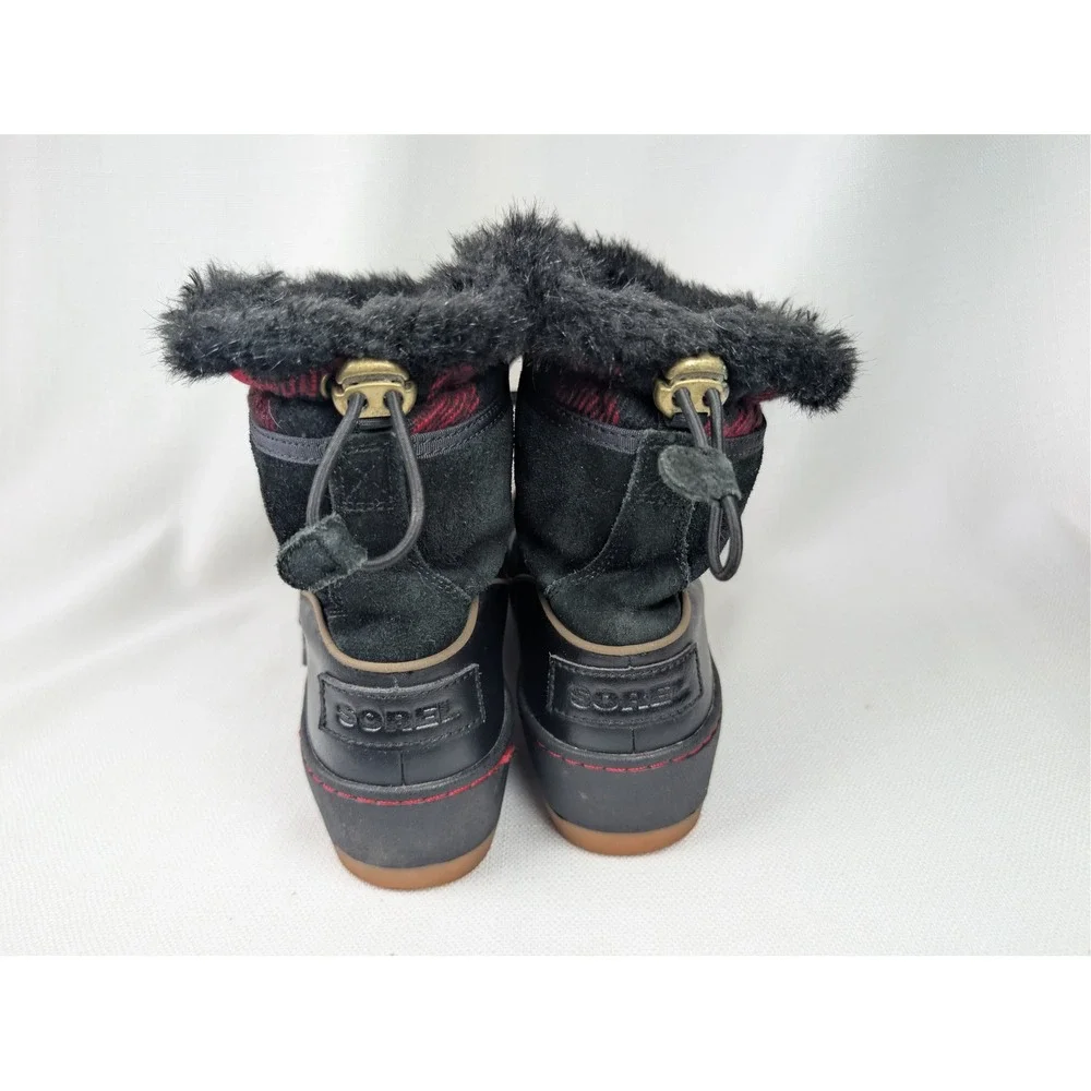 Sorel Tivoli III Waterproof Winter Boots 7.5 Black Red Buffalo Plaid Faux‎ Fur